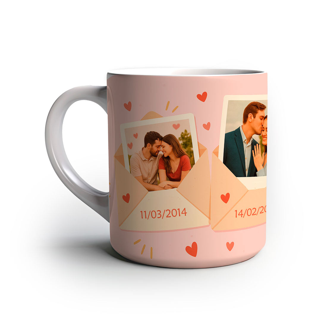Caneca Linha do Tempo do Amor - Personalize com Fotos e Datas Especiais