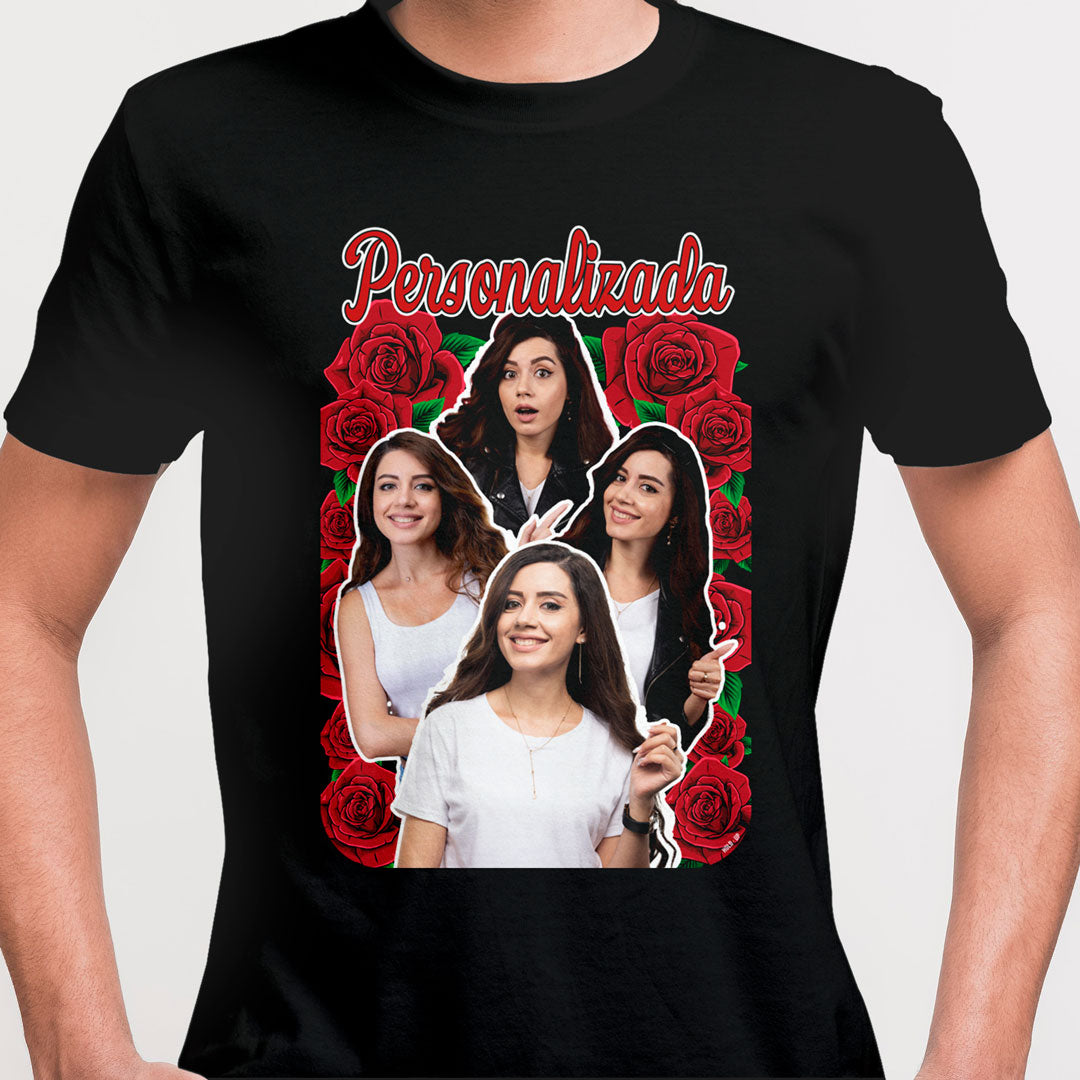 Camiseta Personalizadas Retro, Rosas e Fotos preta