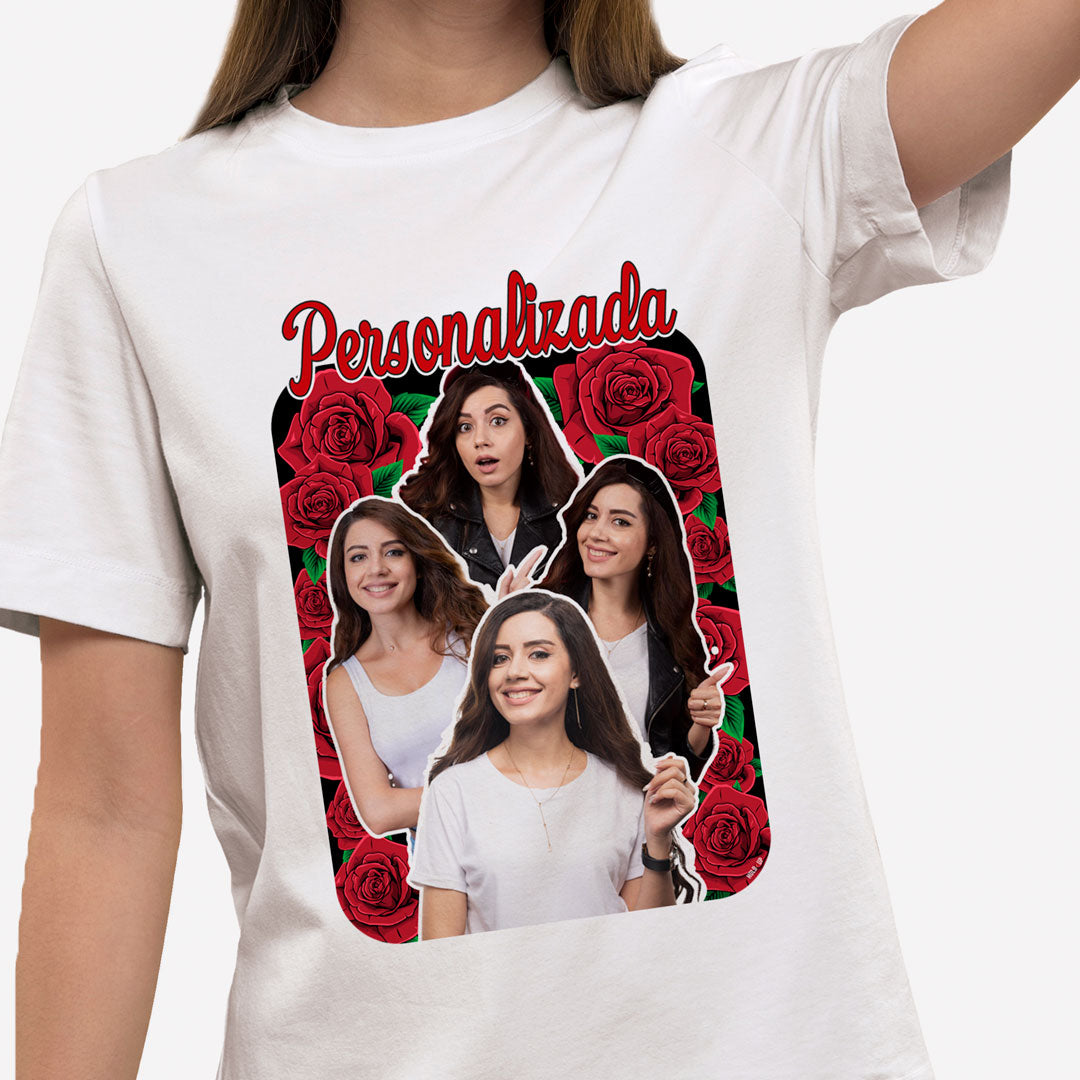 Camiseta Personalizadas Retro, Rosas e Fotos branco