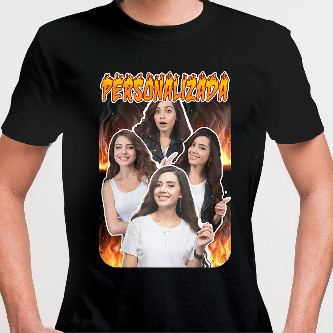 Camiseta Personalizada Vintage, Chamas e Fotos preta
