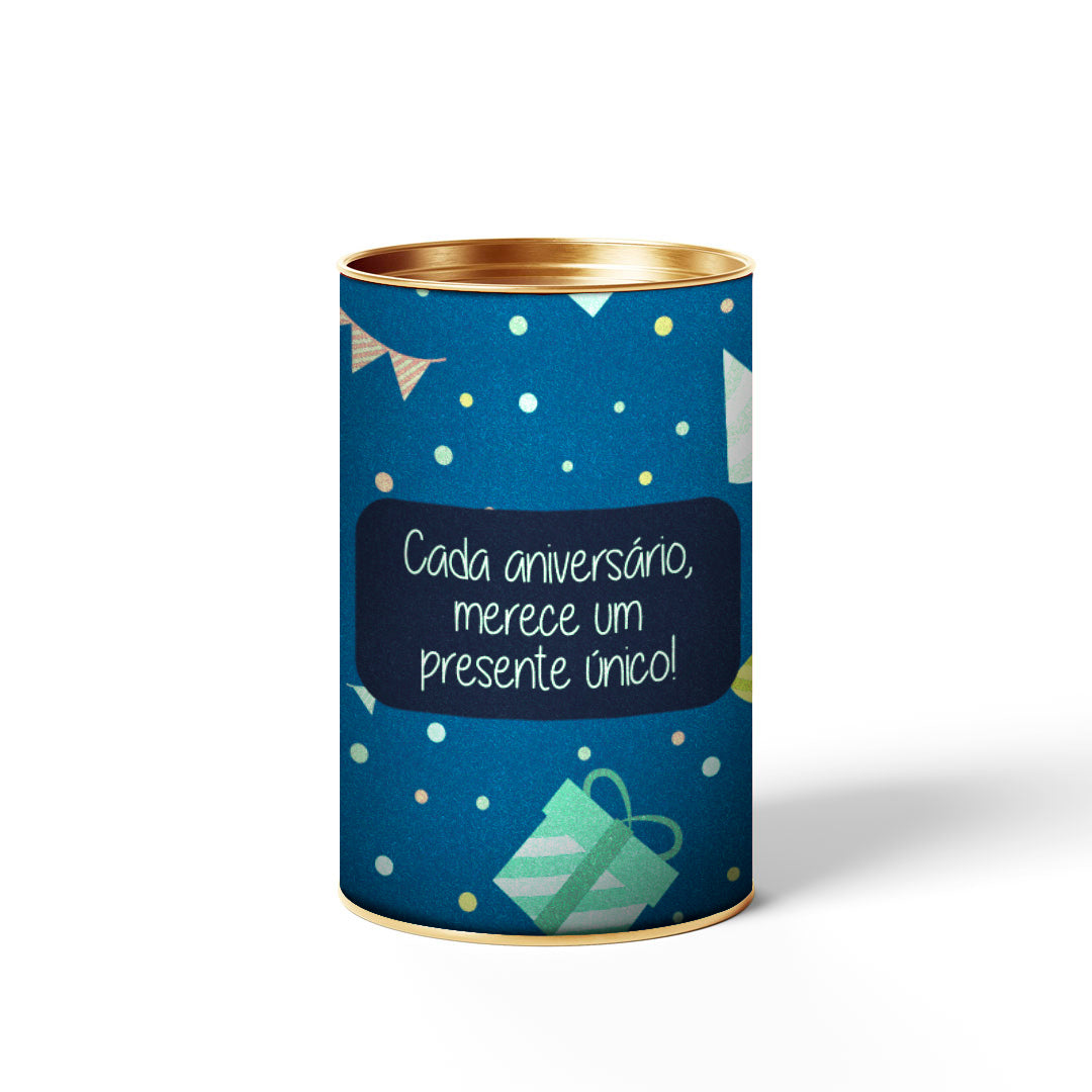 Embalagem Aniversario Tubo Lata 6x9 com Tampa de Metal