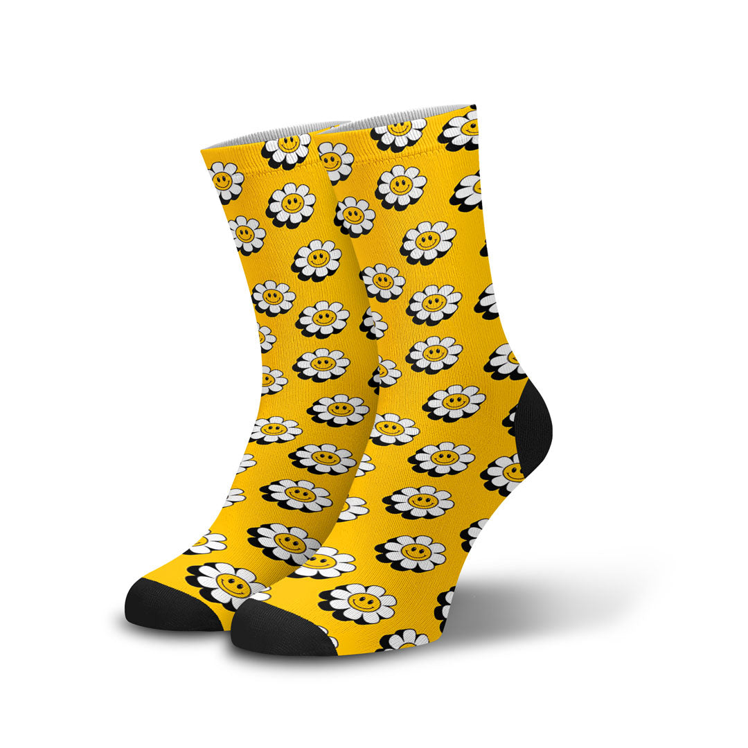 Meia Cano Alto Divertida Flores Felizes