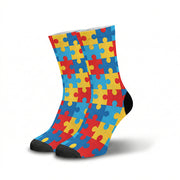 Meia Cano Alto Estampada Quebra Cabeça Colorido  autismo