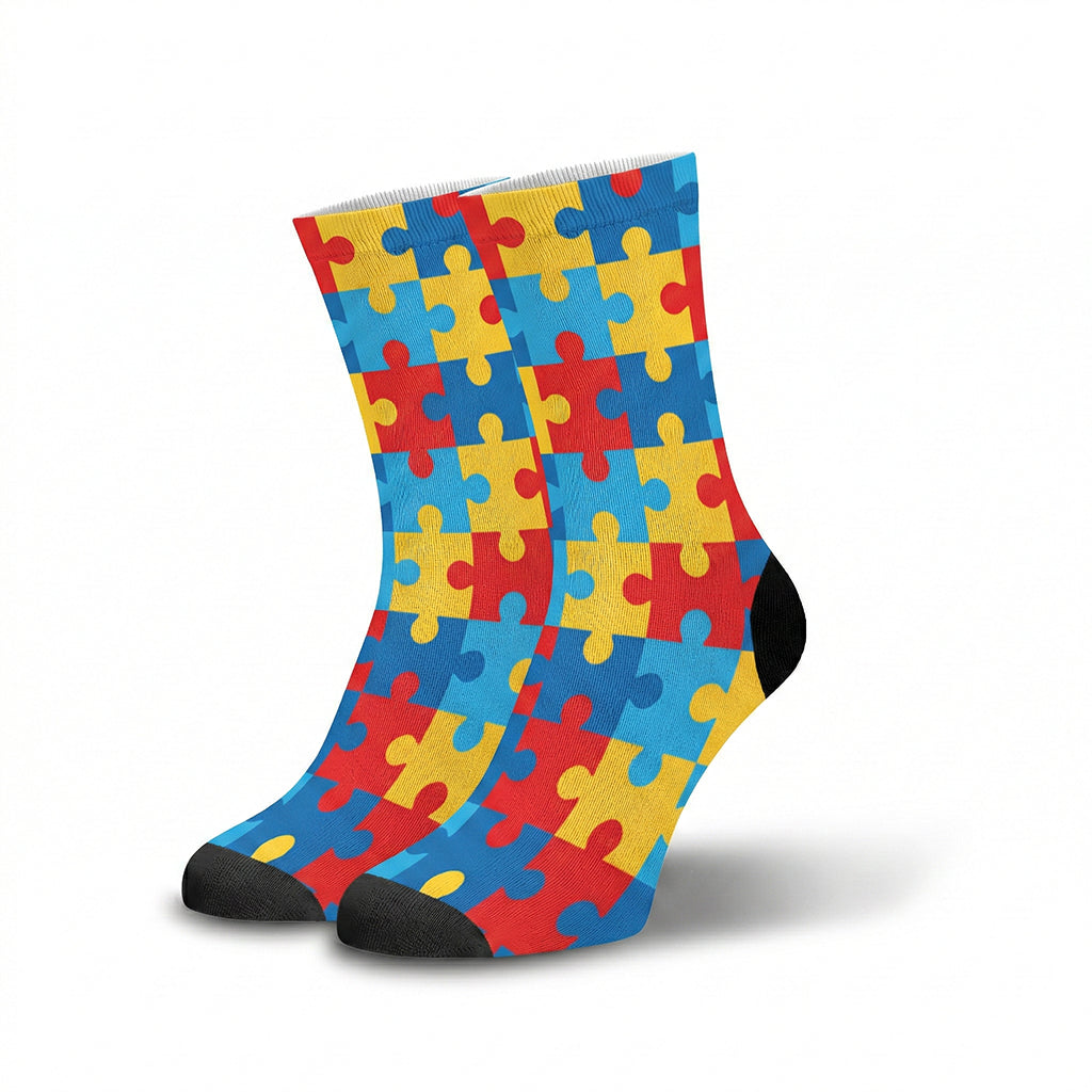Meia Cano Alto Estampada Quebra Cabeça Colorido  autismo
