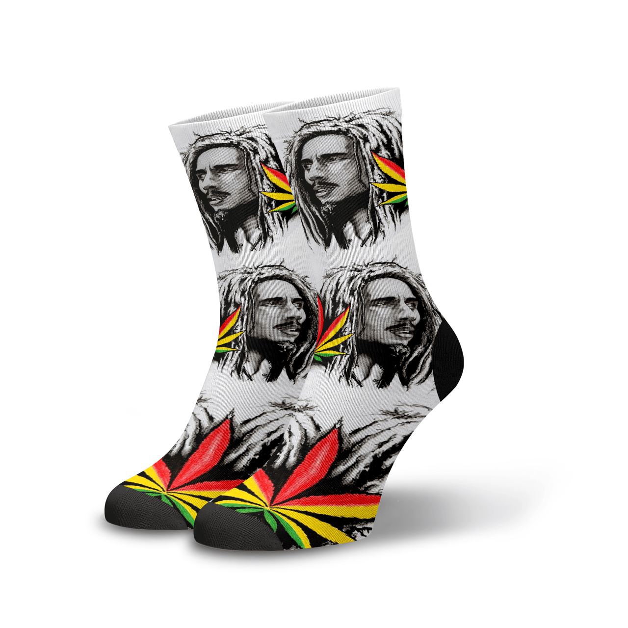 Meia Cano Alto Estampada Bob Marley Cannabis Branco