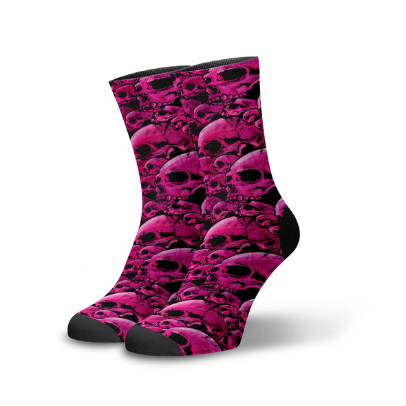Meia Cano Alto Estampada Caveira Rosa Choque